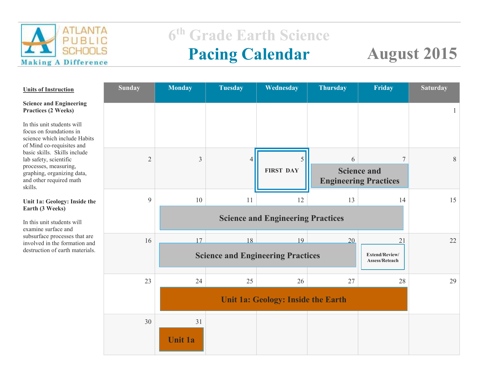 Science Pacing Calendar 6th Grade Earth Science 20152016