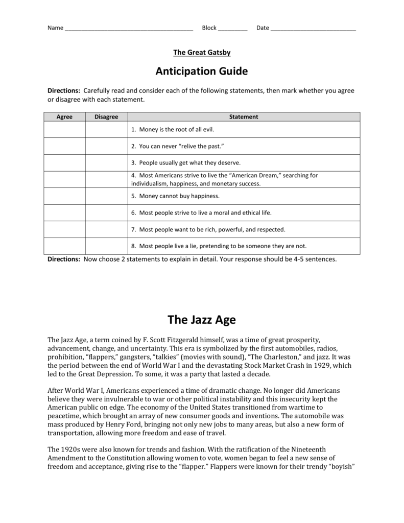 Anticipation Guide And The Jazz Age MsCraig