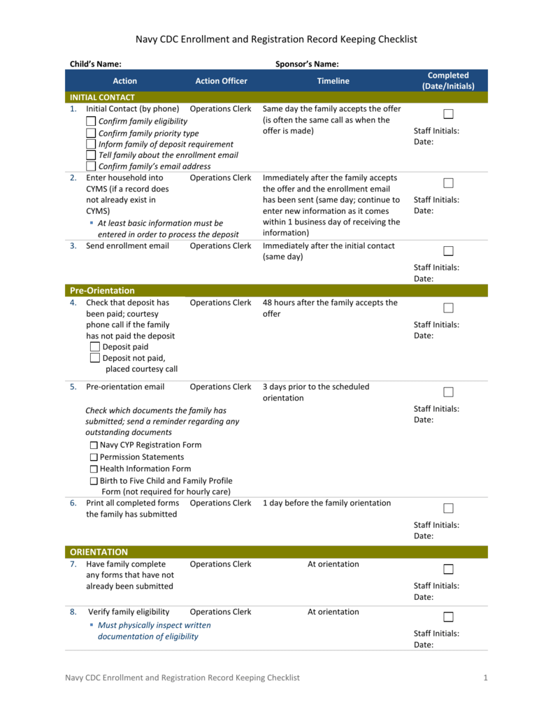 Navy CDC Enrollment and Registration Record Keeping Checklist