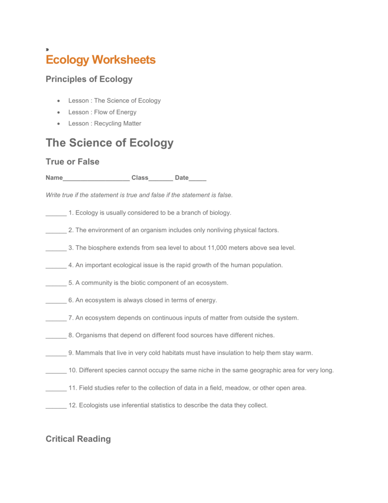 Ecology Worksheets Inside Principles Of Ecology Worksheet Answers