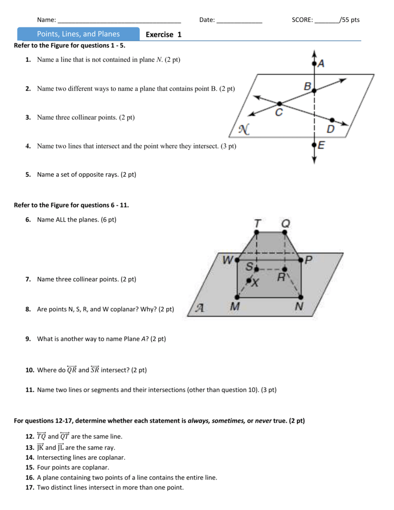 Points Lines And Planes Worksheet Exercise 23 Answer Key - Exercise For Points Lines And Planes Worksheet