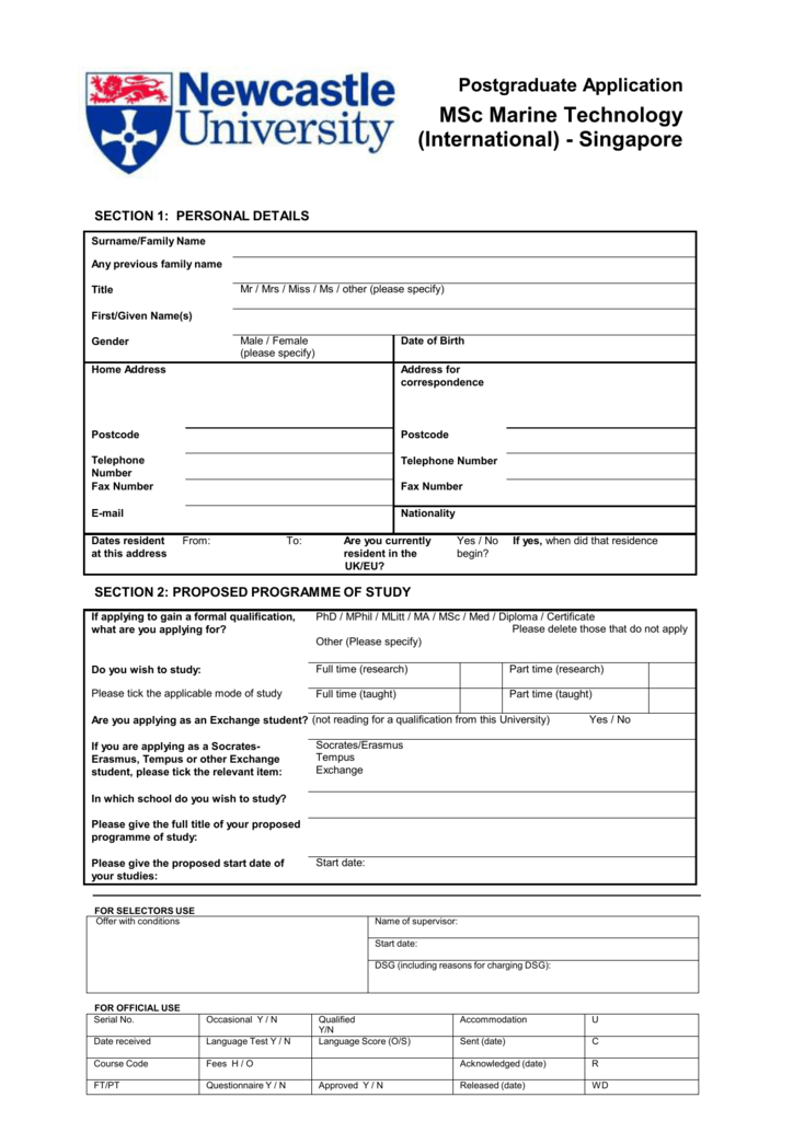 application form Newcastle University