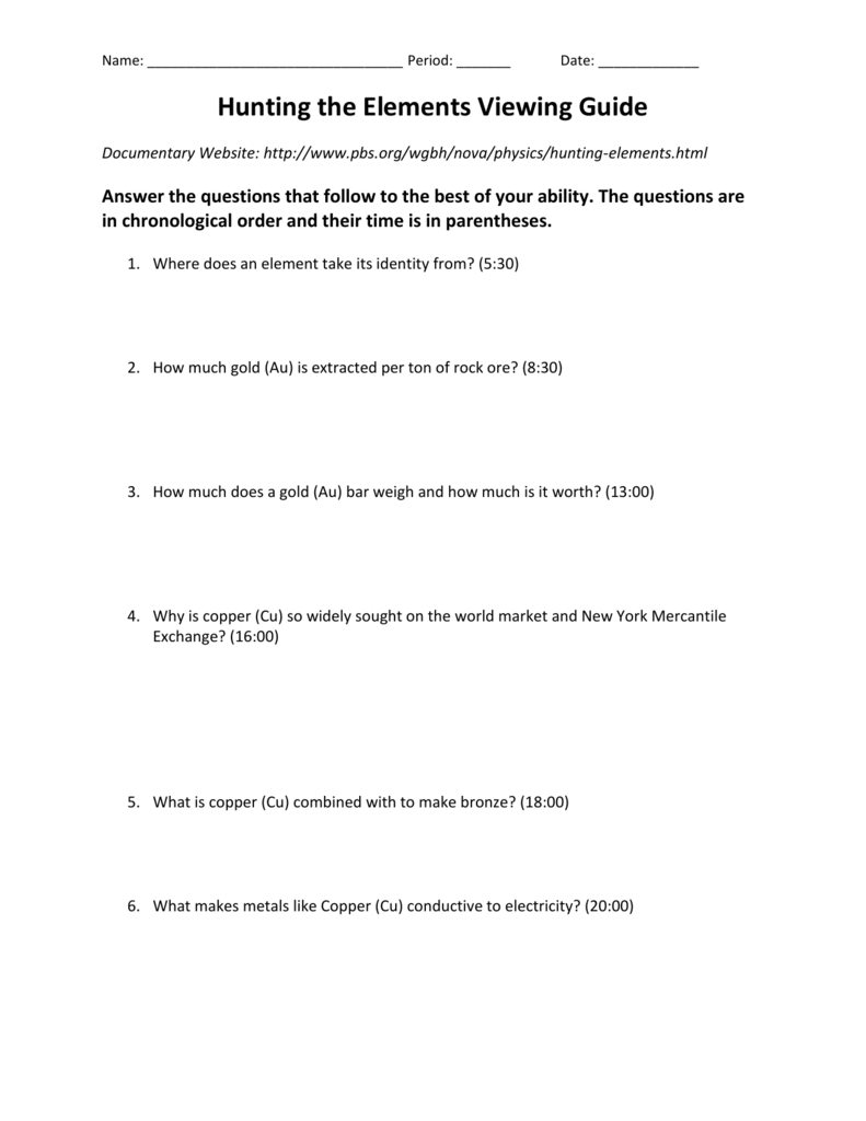 Hunting the Elements Viewing Guide For Hunting The Elements Worksheet Answers