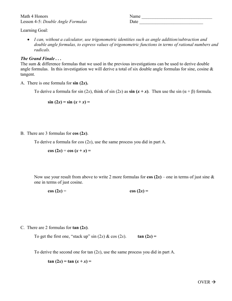 Lesson 4 5 Double Angle Formulas