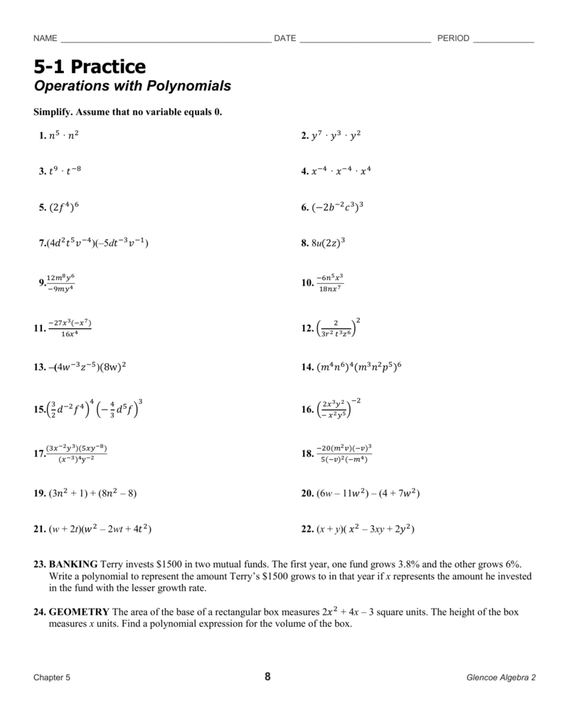 5 1 Study Guide And Intervention Operations With Polynomials Study Poster 5 1 Study Guide And Intervention Operations With Polynomials Study Poster