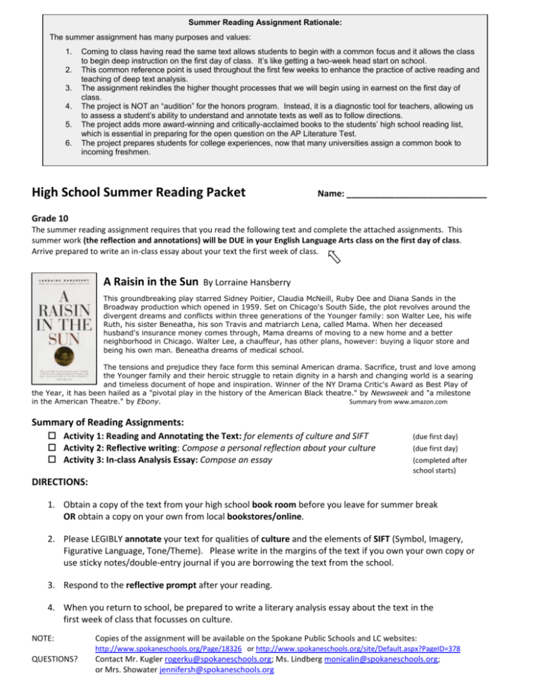 summer reading essay rubric