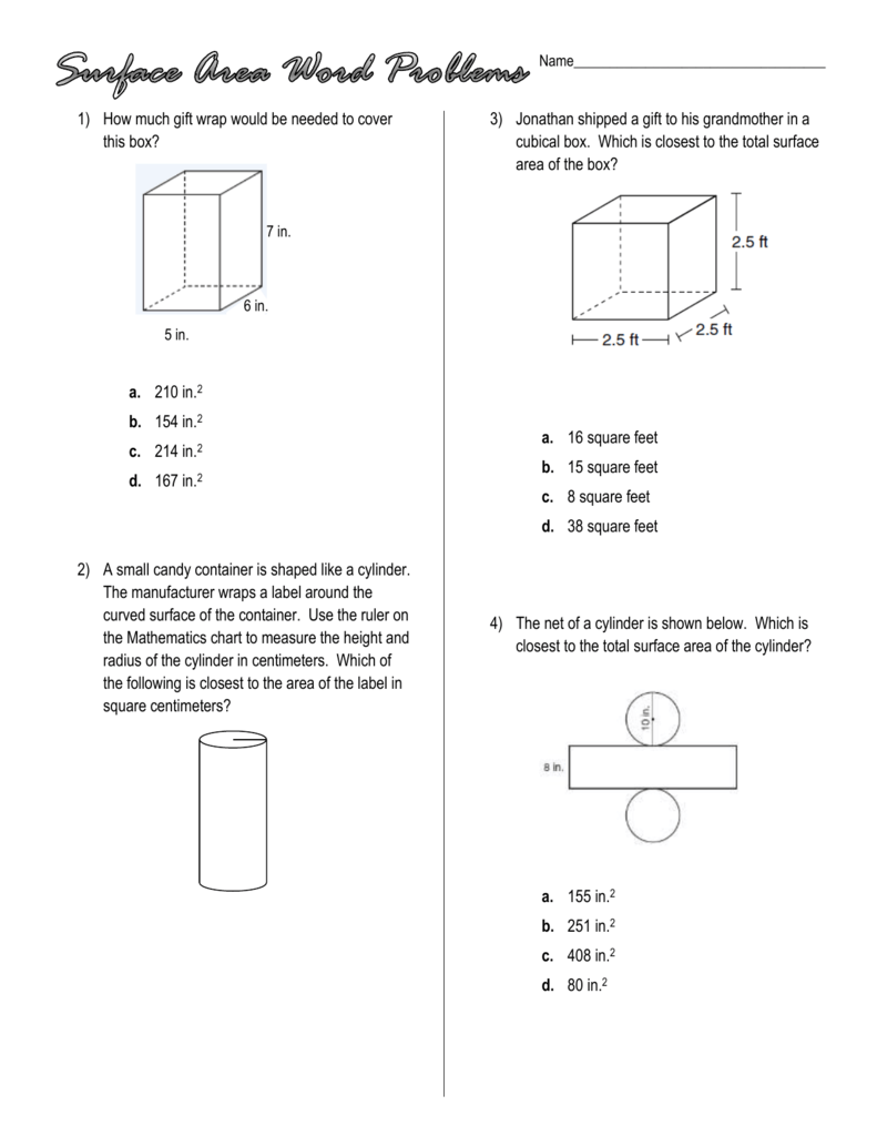 Surface Area Word Problems