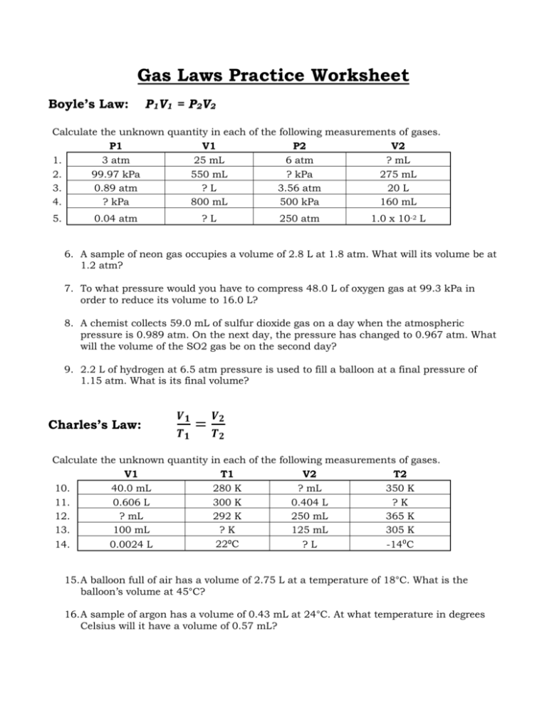 Boyle s Law Worksheet