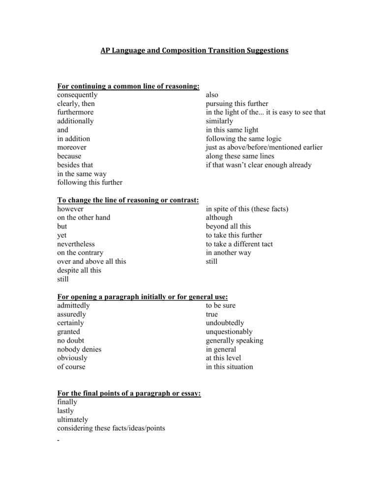 AP Language and Composition Transition Suggestions For