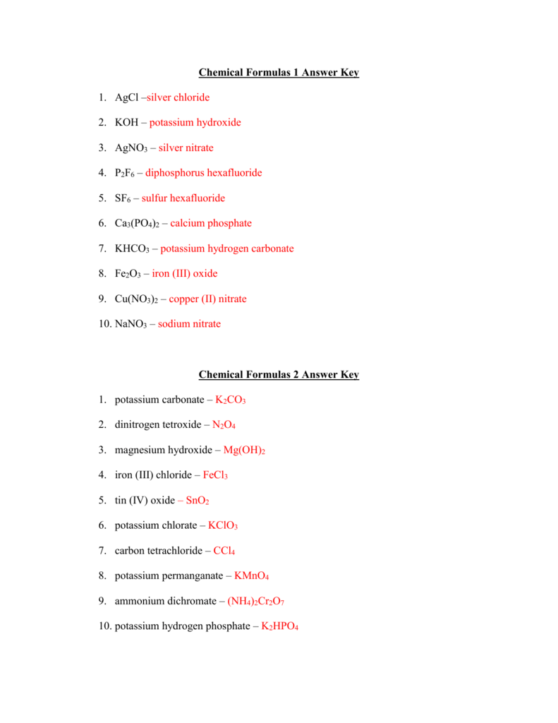 Chemical Formulas 22 Answer Key AgCl –silver chloride KOH For Chemical Formula Worksheet Answers