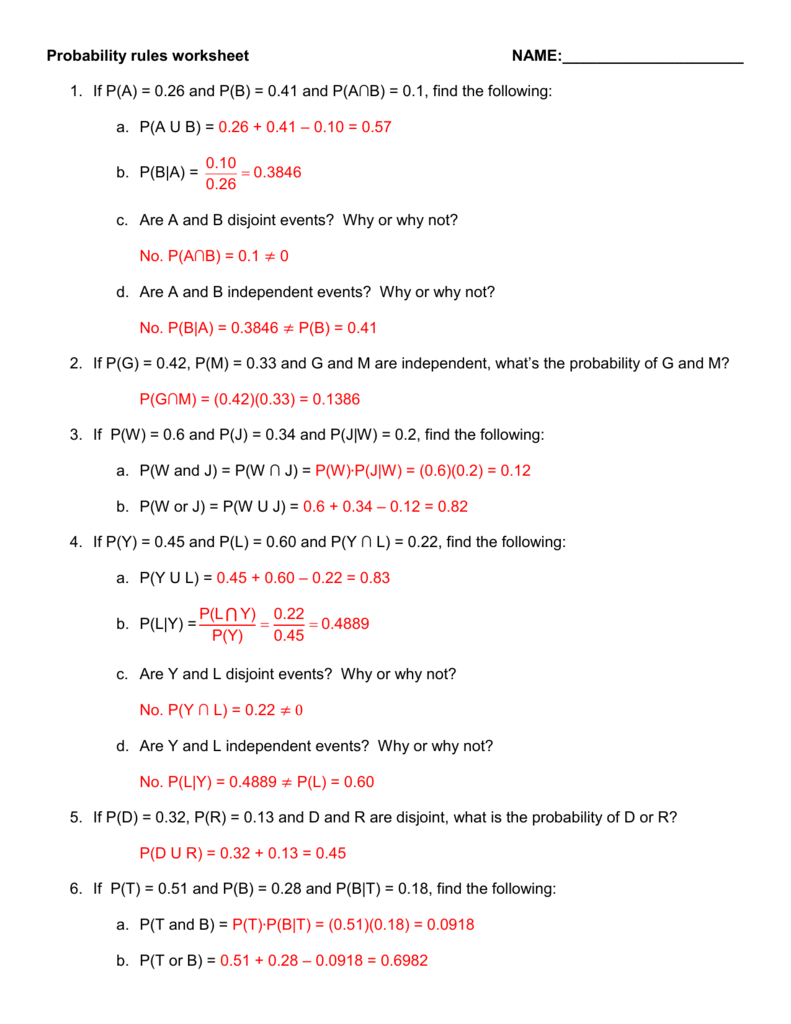 Probability rules worksheet 11- answers Intended For Probability Worksheet With Answers