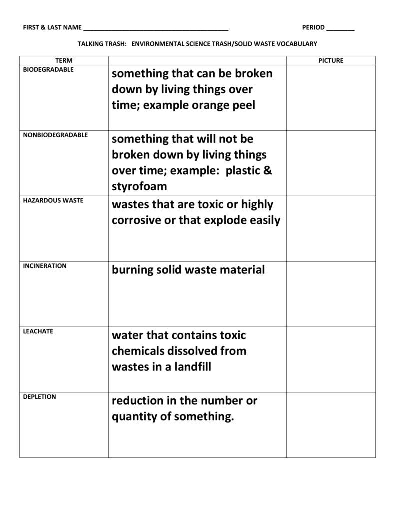 Vocabulary Unit 7 Part 2: Talking About Trash worksheet