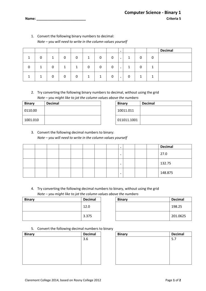 Binary Numbers Worksheet Middle School