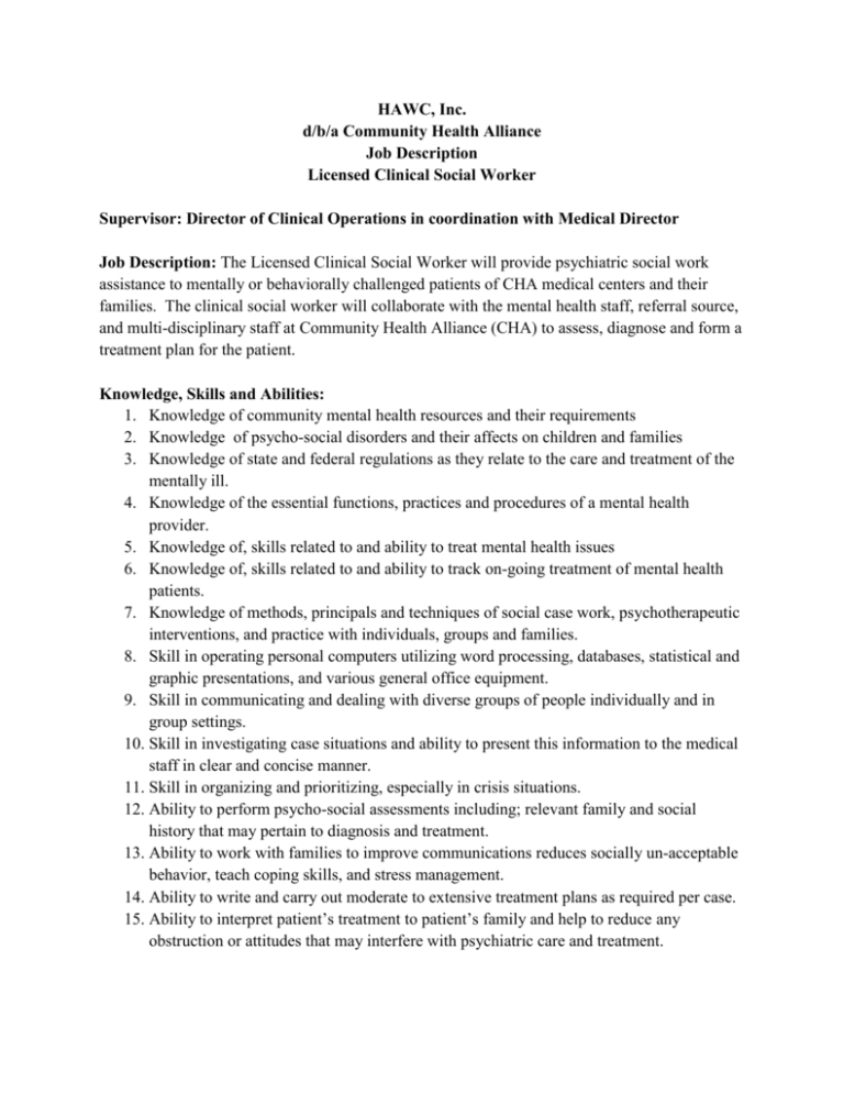 Job Description For Licensed Clinical Social Worker