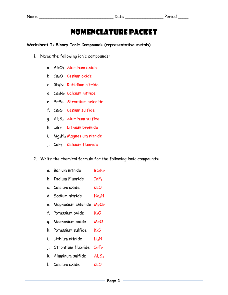 Name Date Period ____  Nomenclature Packet Worksheet I: Binary With Naming Binary Ionic  Compounds Worksheet