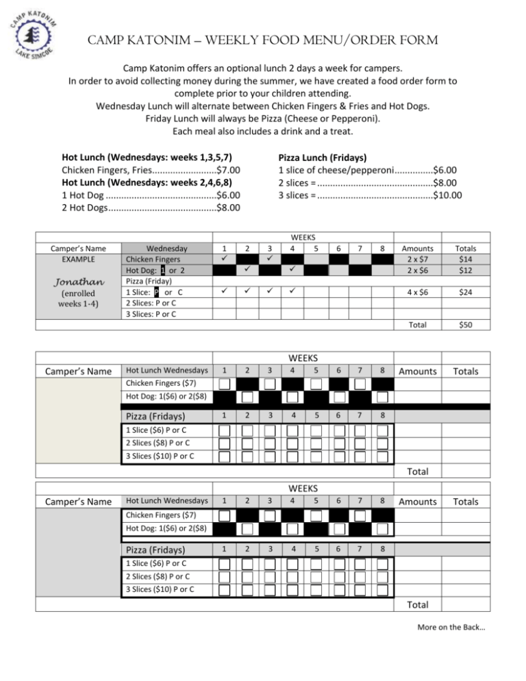 CAMP KATONIM – WEEKLY FOOD MENU/ORDER FORM Camp