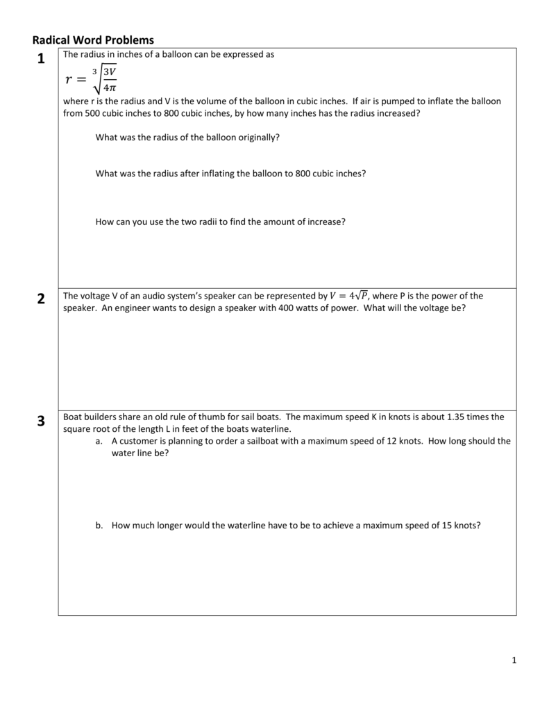 Radical Word Problems Regarding Equation Word Problems Worksheet