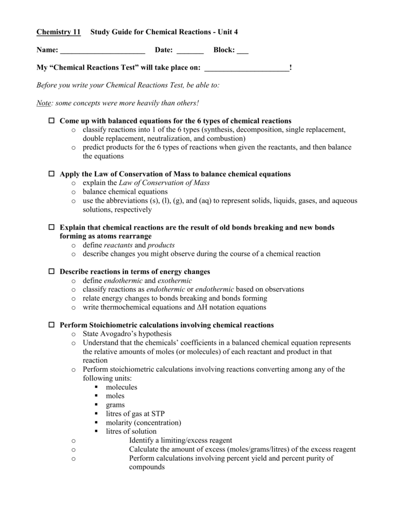 Chemistry 11 Study Guide For Chemical Reactions Quiz Chemistry 11 Study Guide For Chemical Reactions Quiz