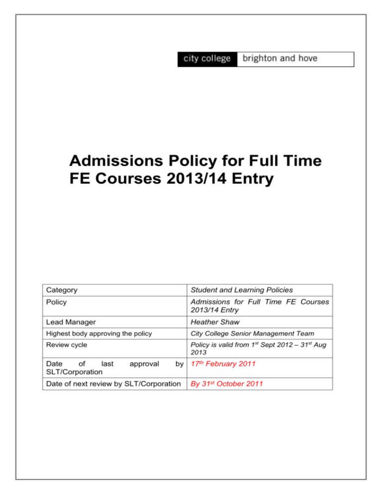 Admissions Policy For Full Time Courses 2009 10