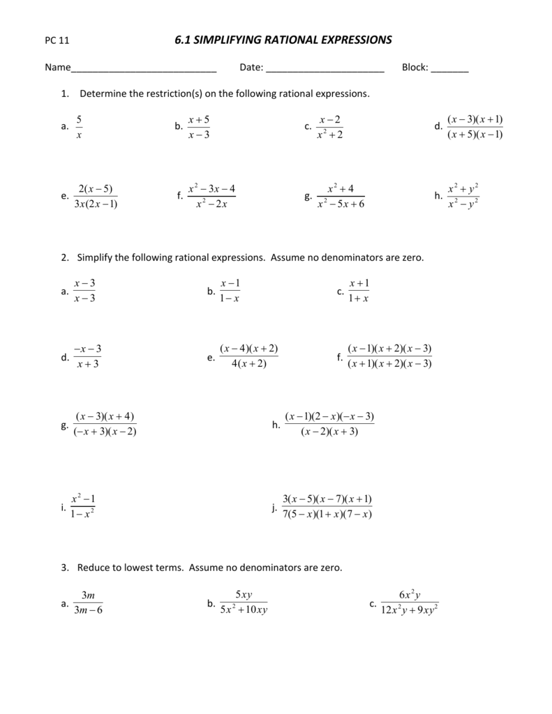 6 1 Simplifying Rational Expressions Worksheet
