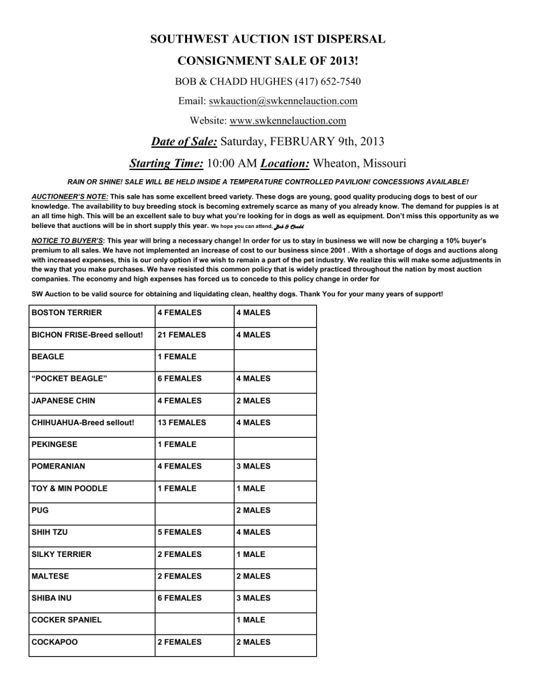 southwest auction 1st dispersal consignment sale of 2013!