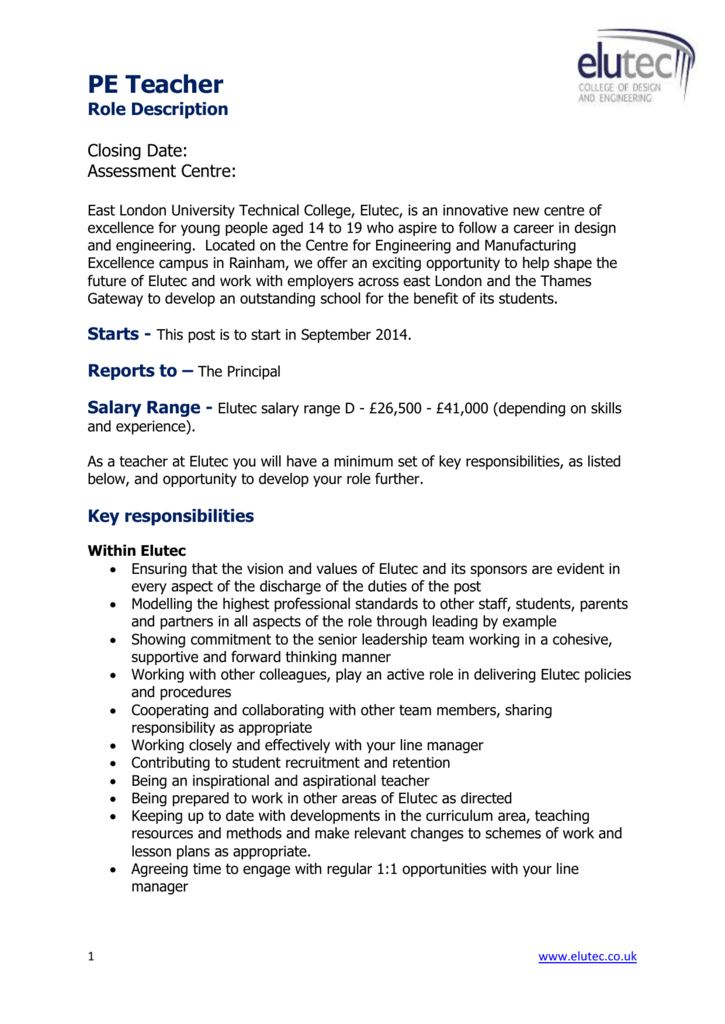 Pe Teacher Responsibilities For Resume