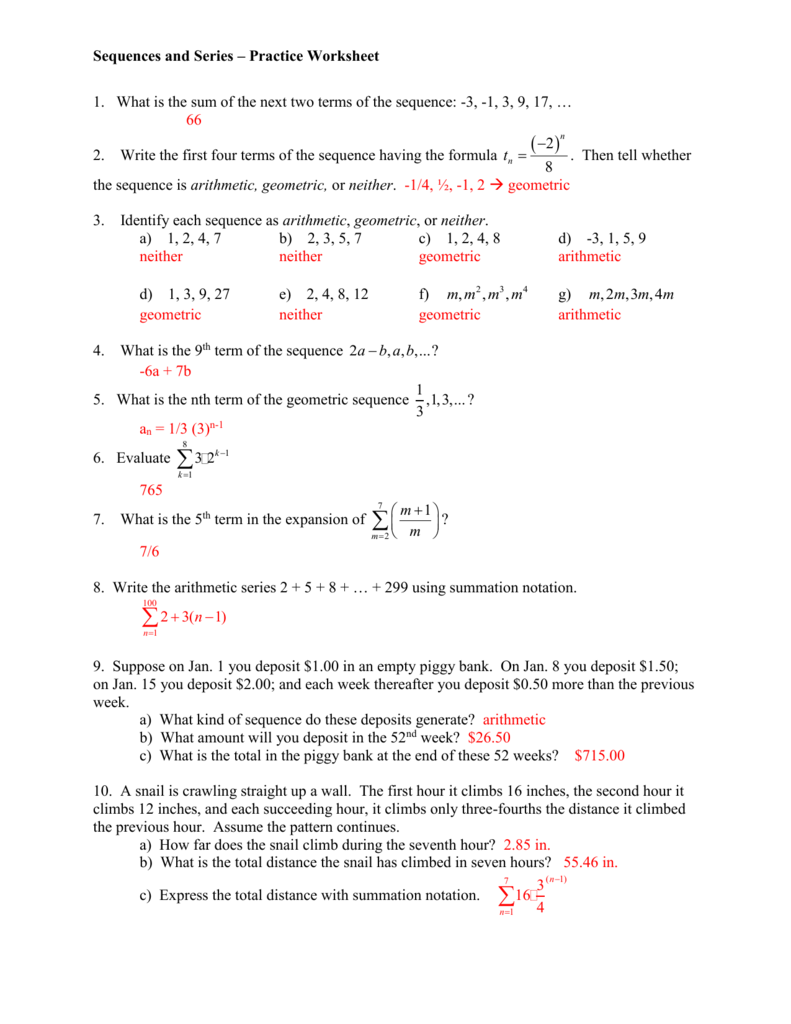 Sequences and Series – Practice Worksheet 20. What is the sum of For Geometric Sequences Worksheet Answers