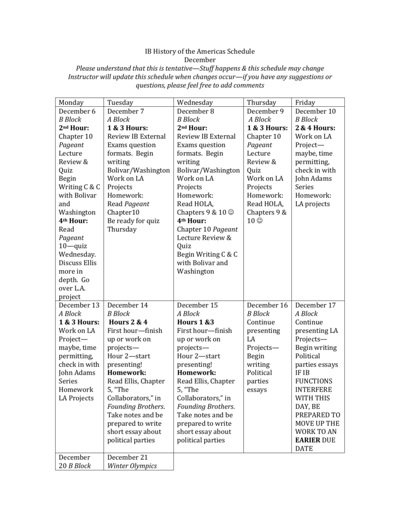 IB History Of The Americas Schedule December Please Understand