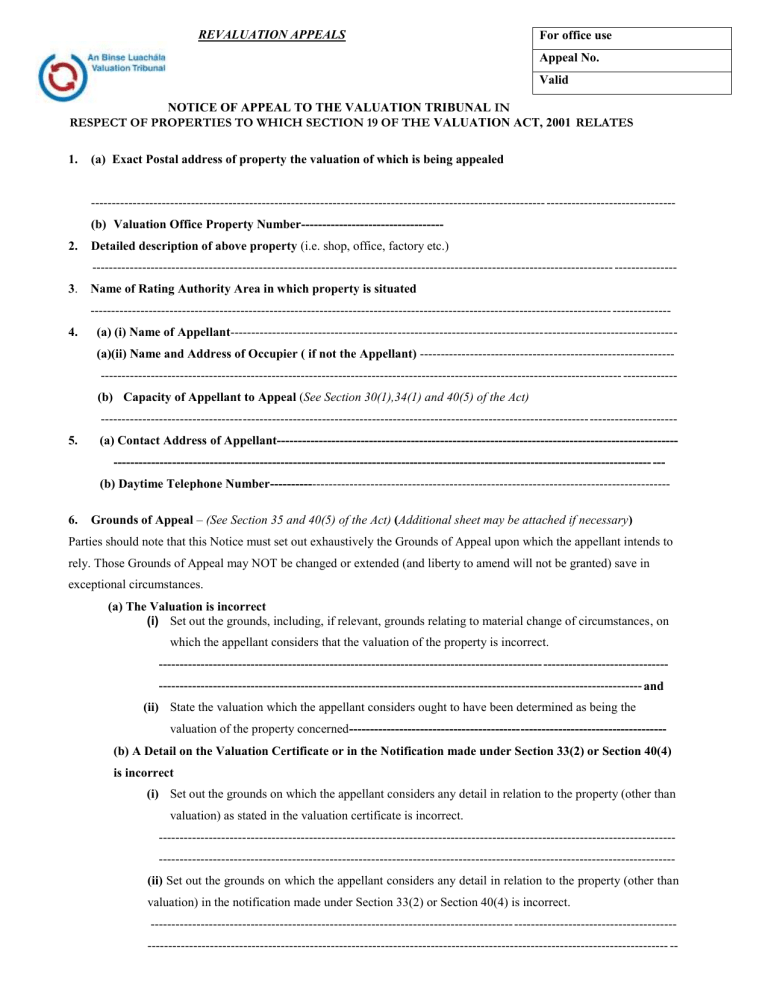 notice of appeal to the valuation tribunal