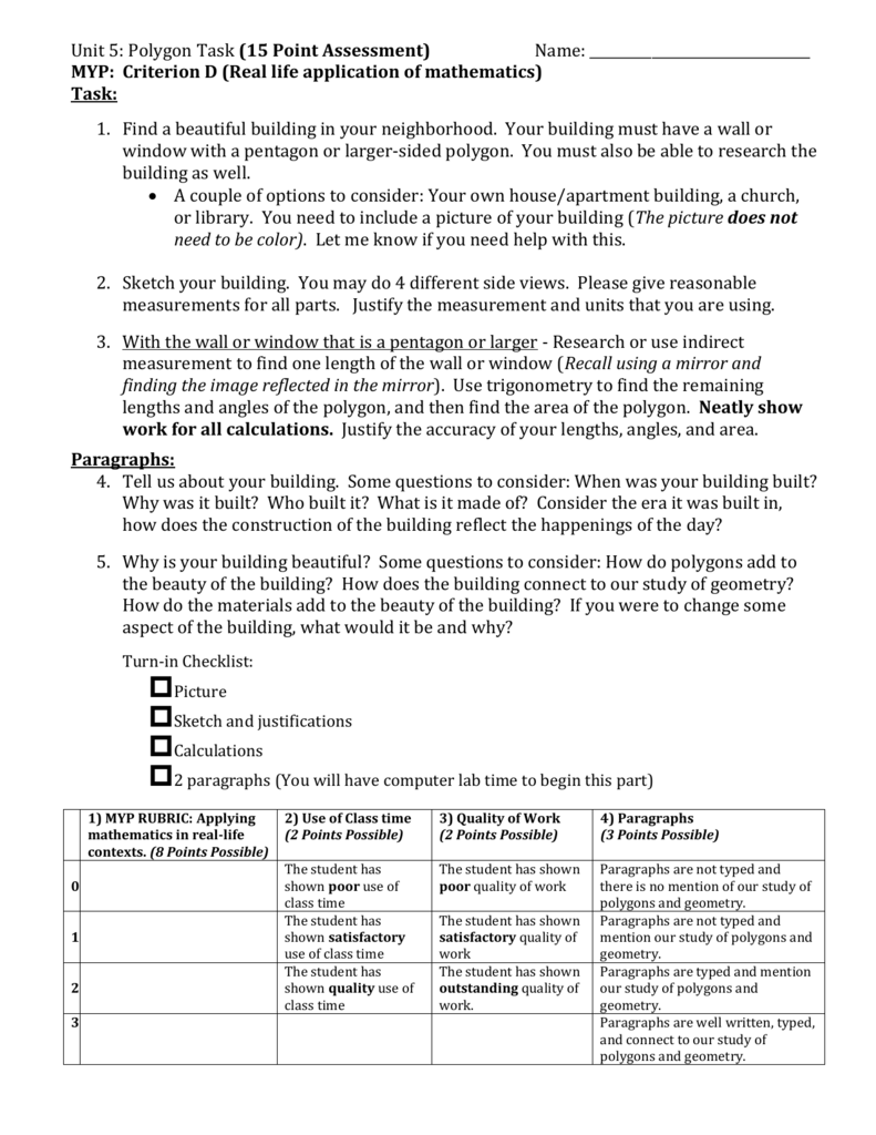 MYP Criterion D Real Life Application Of Mathematics Task