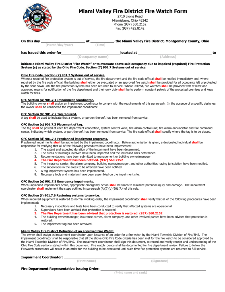 FireWatch Notice Miami Valley Fire District