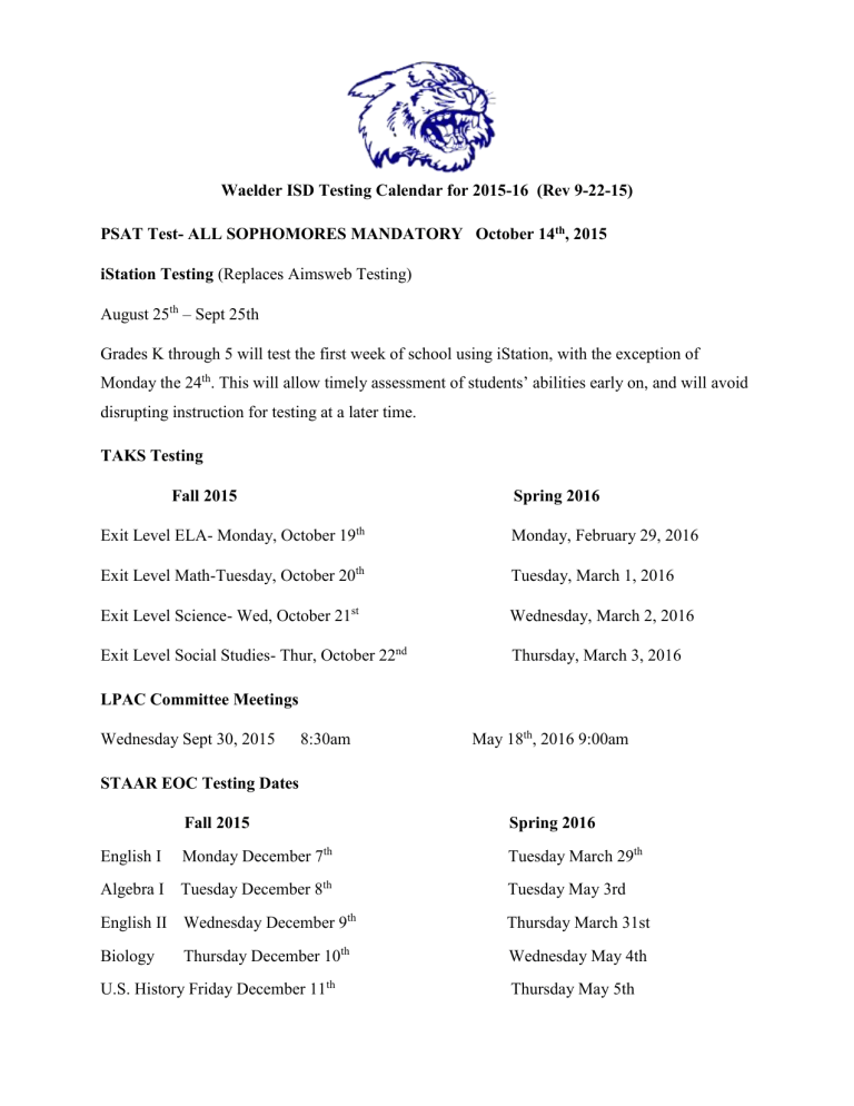 Waelder ISD Testing Calendar For 2015 16 Rev 9 22