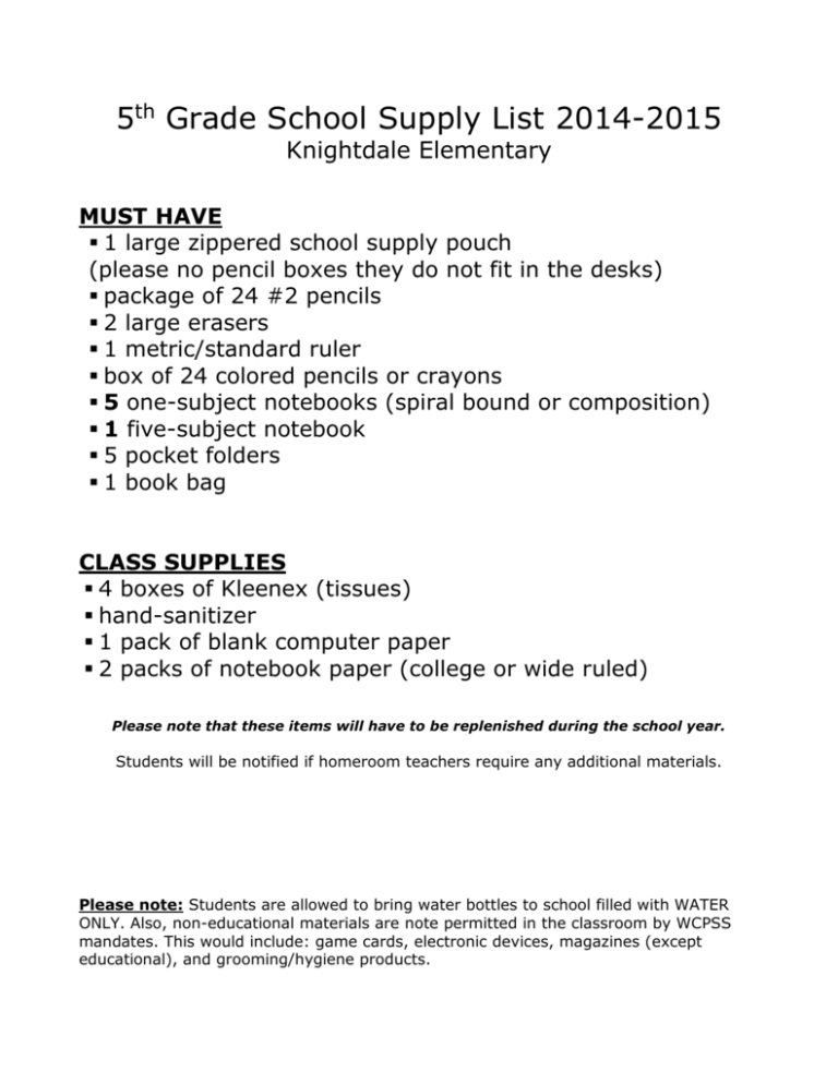 5th Grade School Supply List 2012 2013
