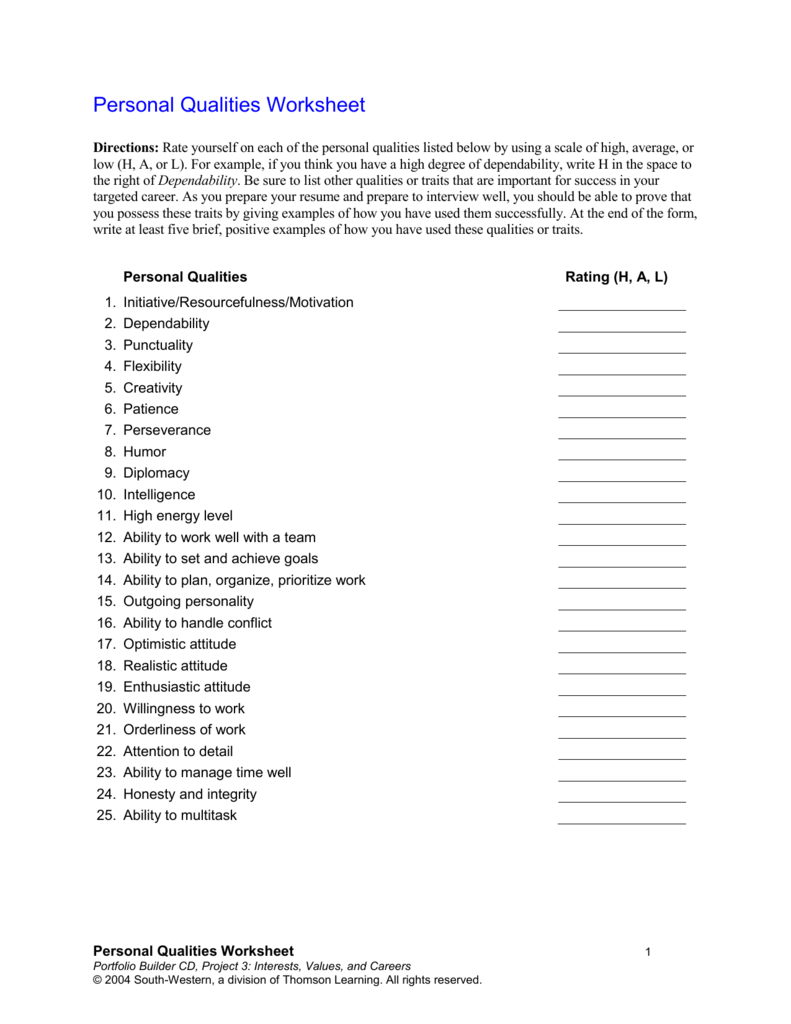 Personal Qualities Worksheet