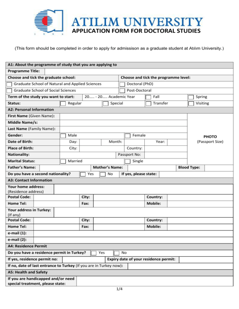 Application Form For Doctorate PhD Programs