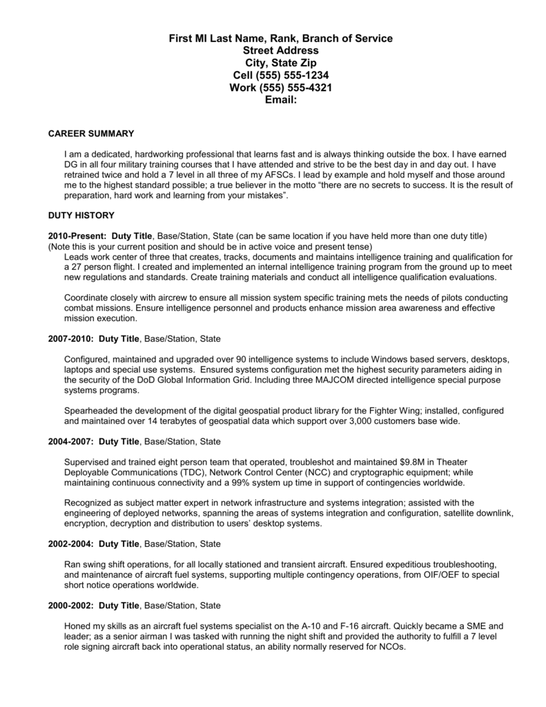 resume summary examples for military