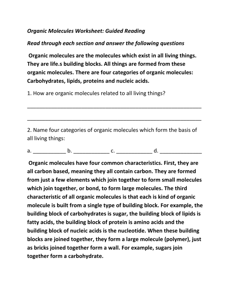 Organic Molecules Worksheet: Guided Reading Read through each With Organic Molecules Worksheet Answer Key