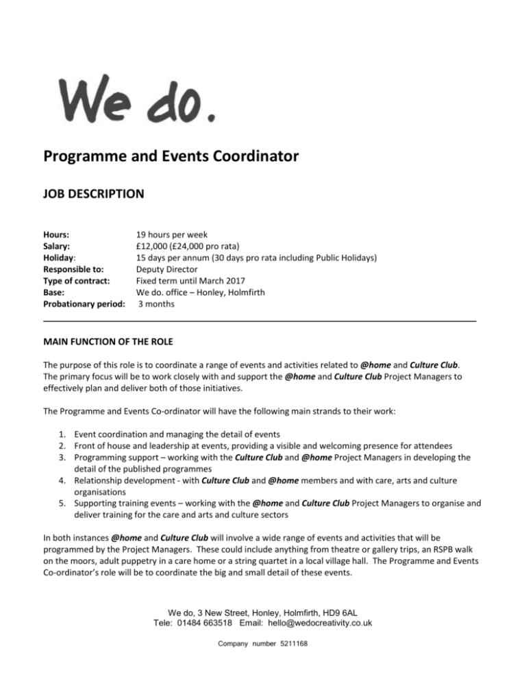 Programme And Events Coordinator JOB DESCRIPTION