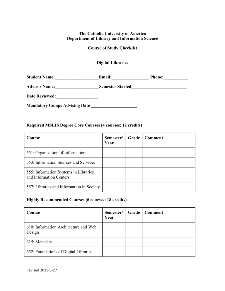 Digital Libraries Course of Study Checklist