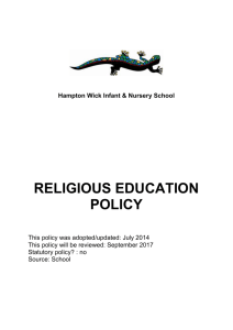 Religious Education Policy - Hampton Wick Infant & Nursery School
