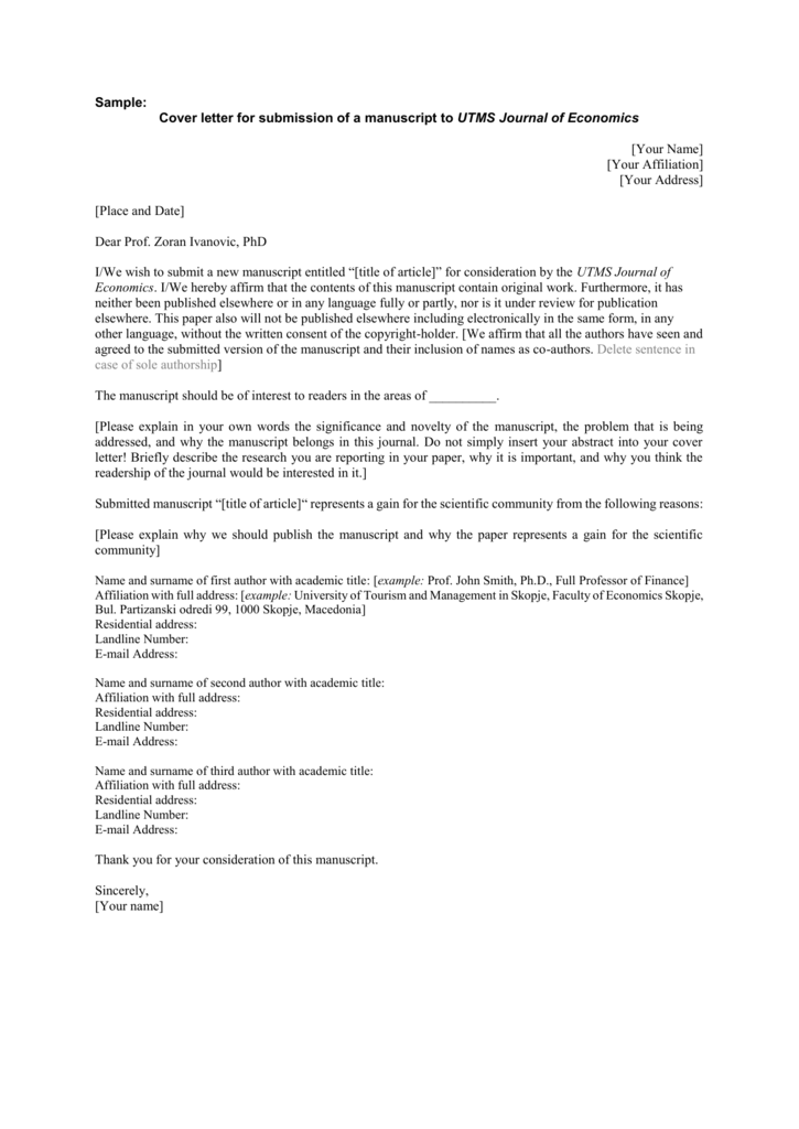 scientific journal submission cover letter example