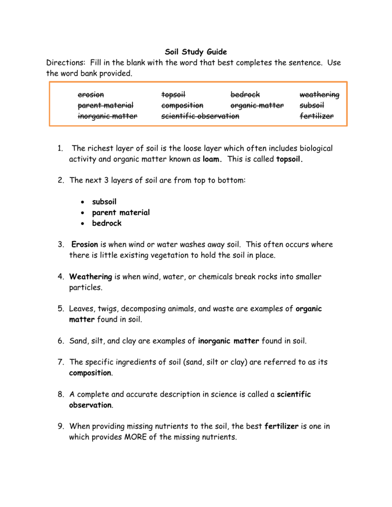 Soil Study Guide Directions Fill In The Blank With The Word That Best