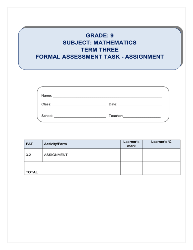 Mathematics Gr 9 Fat 3 2 Assignment Graphs Term 3 Final