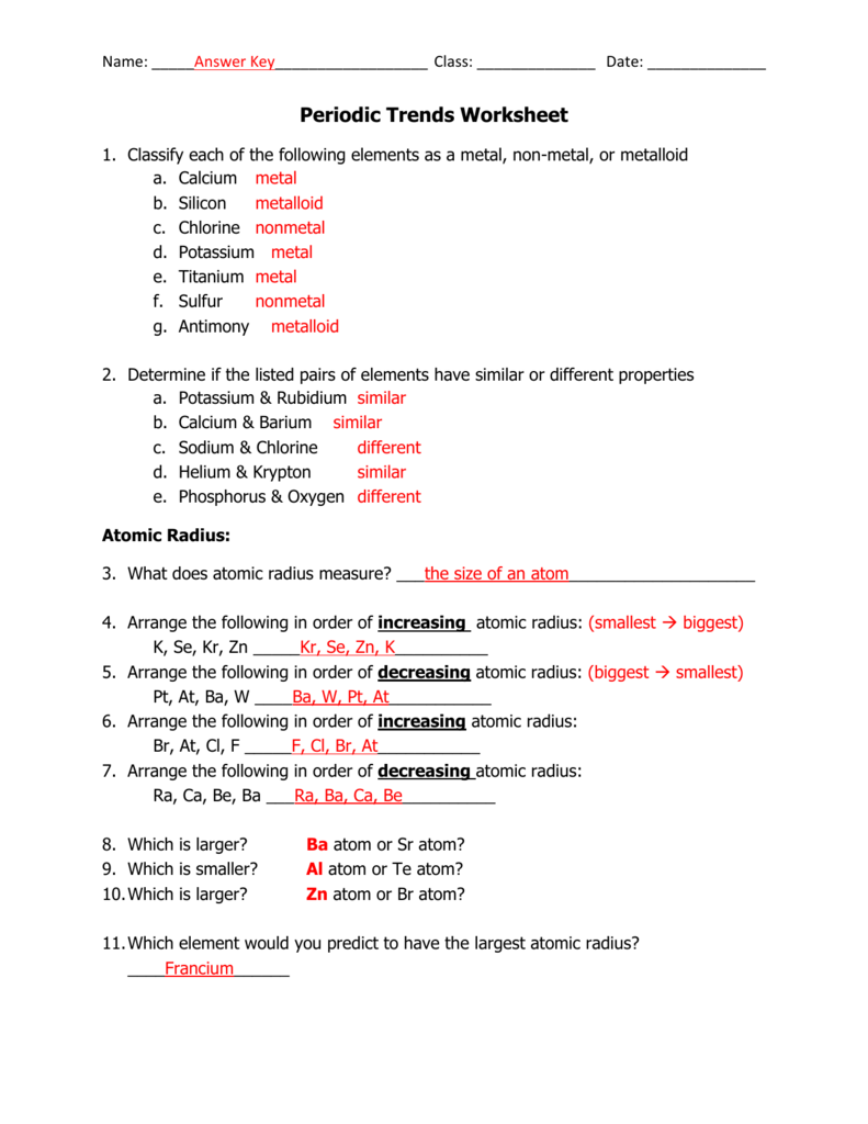 Periodic Trends Worksheet For Periodic Trends Worksheet Answer Key