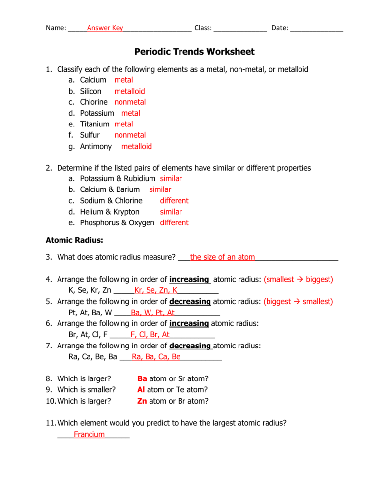 Worksheet Periodic Trends Answers Wordworksheet