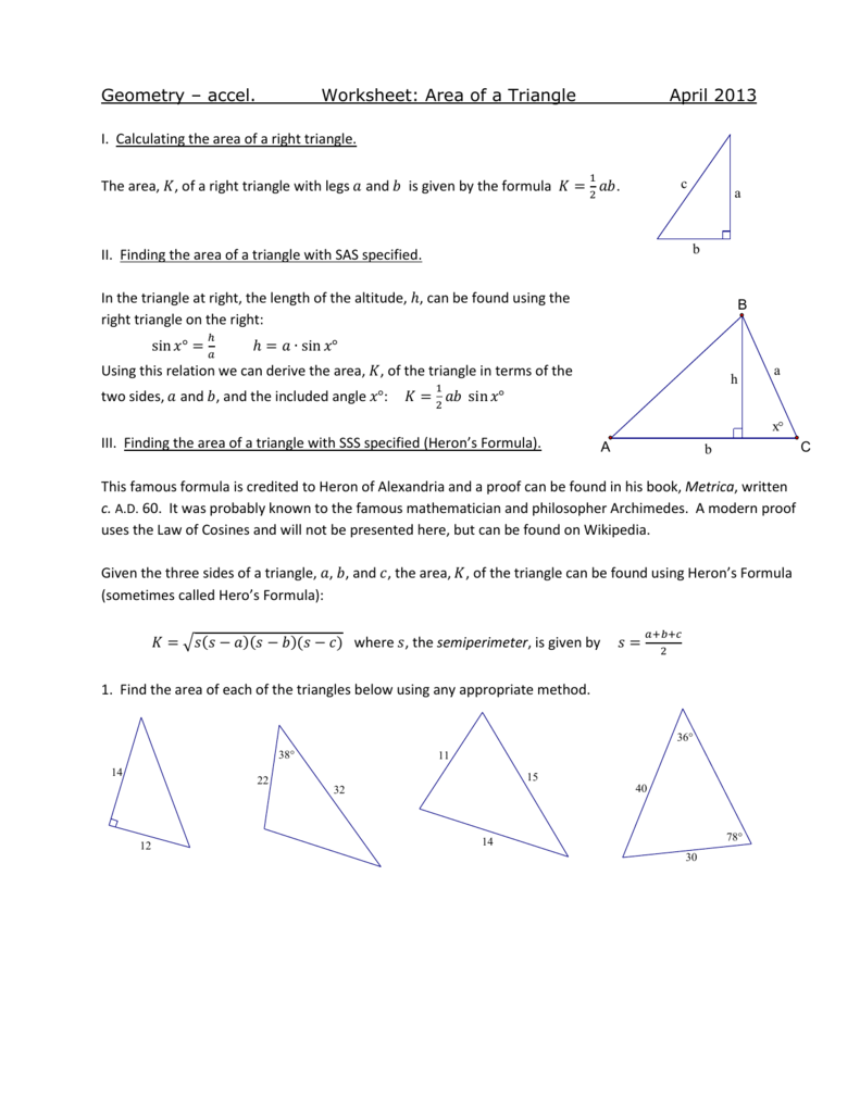 Worksheet - area of a triangle With Area Of A Triangle Worksheet