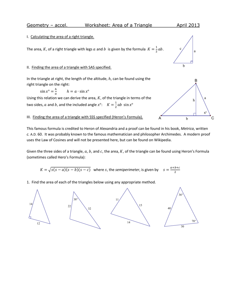 Worksheet - area of a triangle