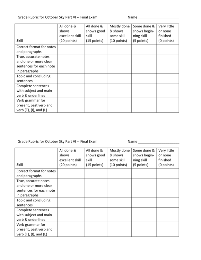 Grade Rubric for October Sky Part VI