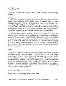 Experiment #1 Calibration of pipette, burette and measuring cylinder