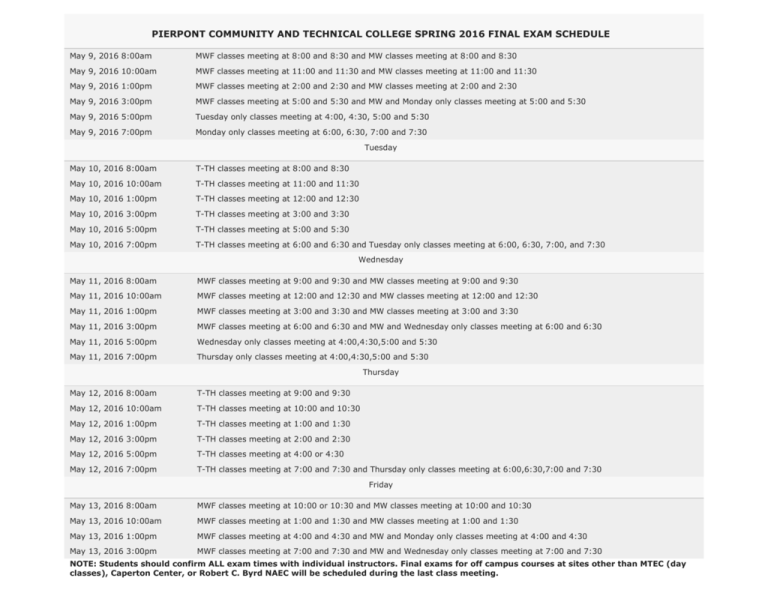 Final Exam Schedule Spring 2016